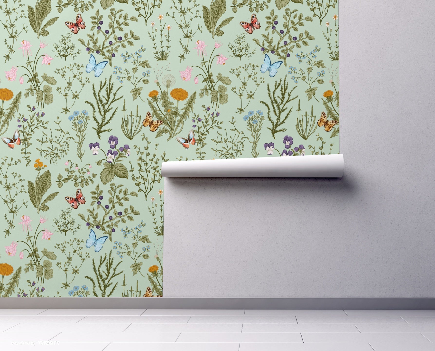 GP5032 Grace & Gardenia  Wildflowers and Butterflies Premium Textured Paper Peel and Stick Wallpaper Panel SAMPLE  Green / Blue / Pink