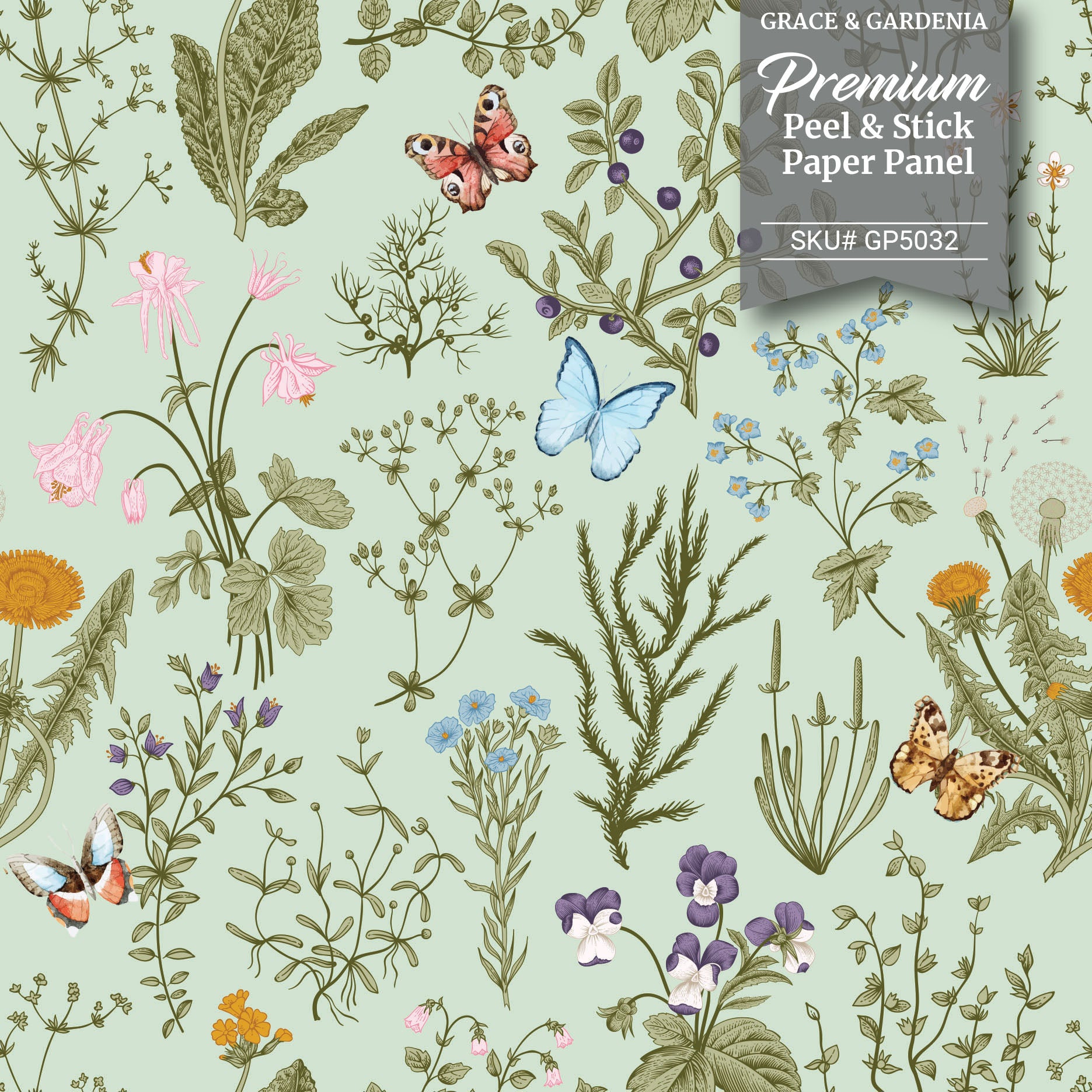 GP5032 Grace & Gardenia  Wildflowers and Butterflies Premium Textured Paper Peel and Stick Wallpaper Panel SAMPLE  Green / Blue / Pink