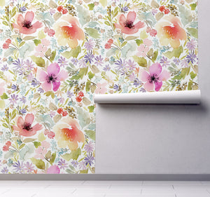 GP5041P2 Grace & Gardenia Watercolor Wildflowers Premium Peel and Stick Wallpaper Panel Green Pink Purple 26 inch Wide x 12 Ft Long