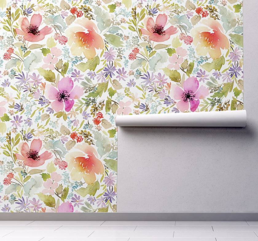 GP5041V2 Watercolor Wildflowers Premium Peel and Stick Vinyl Wallpaper Panel Green Red Blue 26 inch Wide x 12 Ft Long