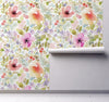 GP5041V6 Grace & Gardenia Watercolor Wildflowers Premium Peel and Stick Vinyl Wallpaper Panel Green Pink Purple 26 inch Wide x 6 Ft Long