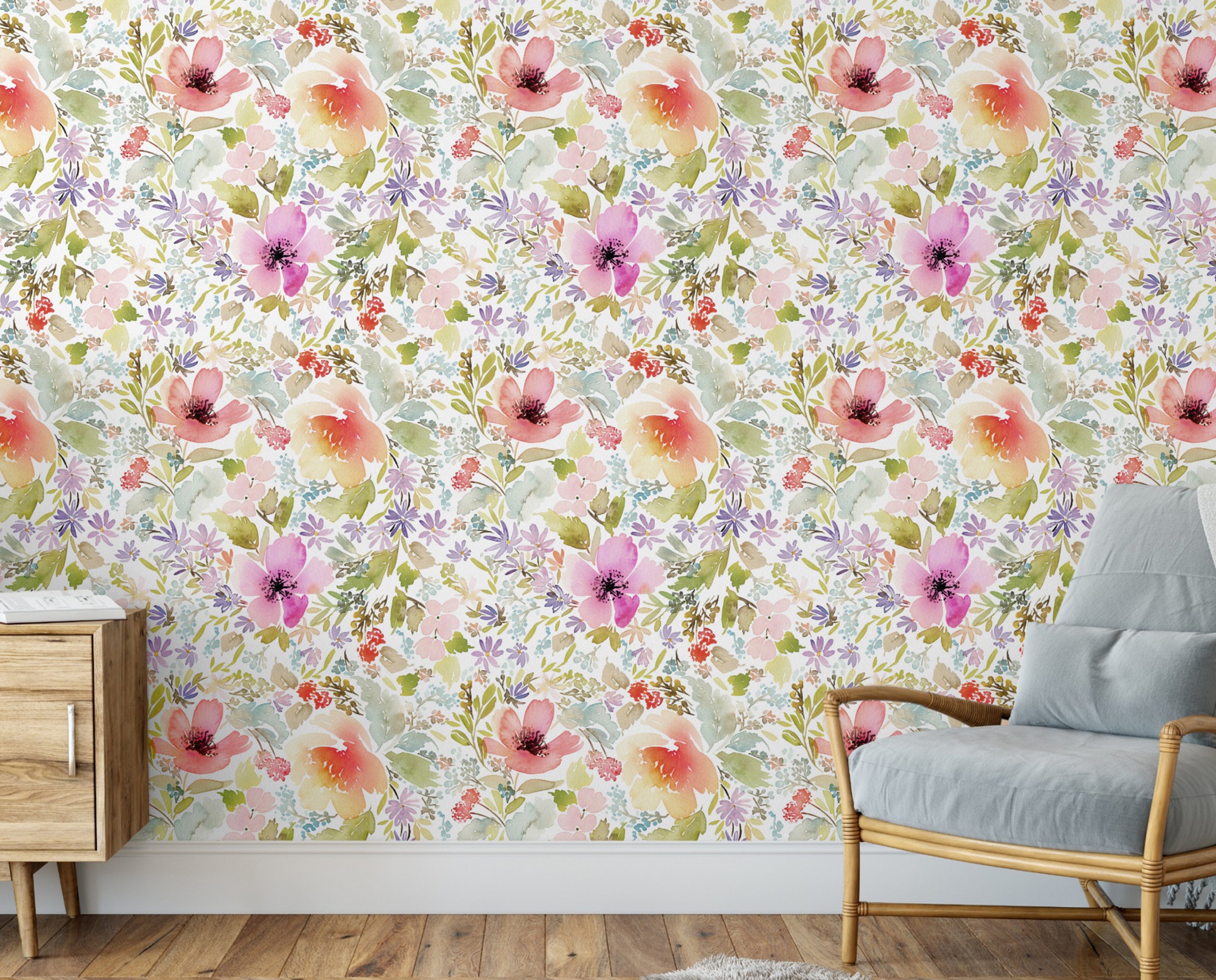 GP5041 Grace & Gardenia Watercolor Wildflowers Peel and Stick Wallpaper Panels