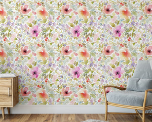 GP5041V Grace & Gardenia Watercolor Wildflowers Premium Peel and Stick Vinyl Wallpaper Panel Green Pink Purple 26 inch Wide x 9 Ft Long