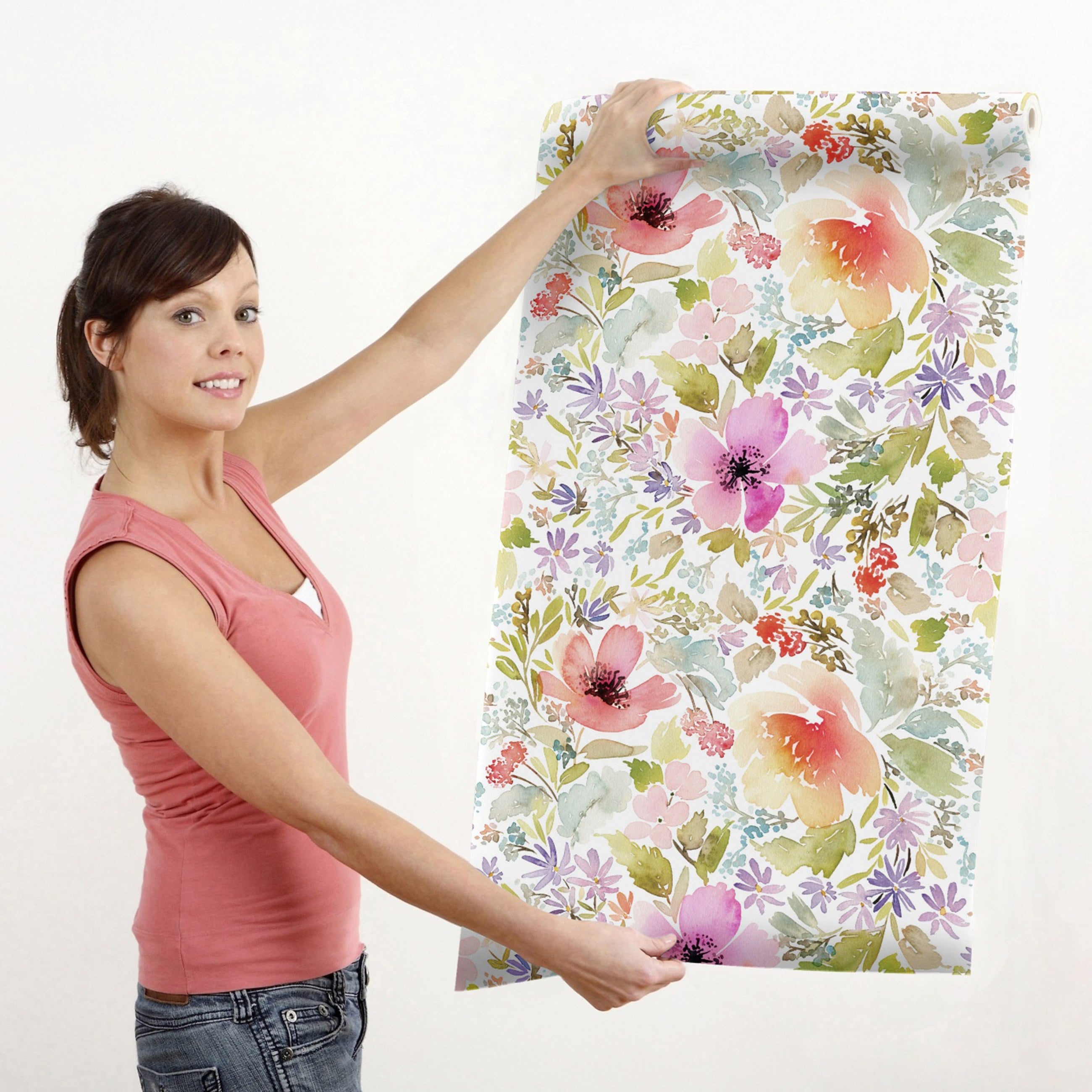 GP5041P2 Grace & Gardenia Watercolor Wildflowers Premium Peel and Stick Wallpaper Panel Green Pink Purple 26 inch Wide x 12 Ft Long