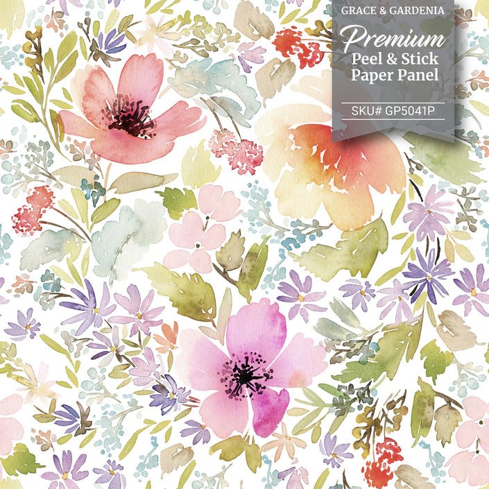 GP5041P2 Grace & Gardenia Watercolor Wildflowers Premium Peel and Stick Wallpaper Panel Green Pink Purple 26 inch Wide x 12 Ft Long