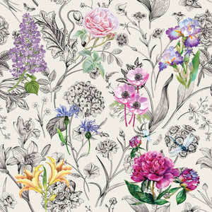 GP5051 Vibrant Flowers on Black and White Premium Paper Peel and Stick Wallpaper Panel, Multicolor