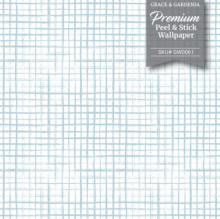 GW0061 Hand Painted Grid Peel and Stick Wallpaper Roll 19 inch Wide x 18 ft. Long, Light Blue White