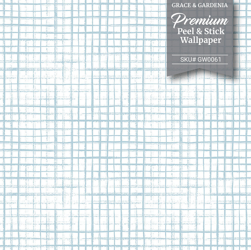 GW0061 Hand Painted Grid Peel and Stick Wallpaper Roll 19 inch Wide x 18 ft. Long, Light Blue White