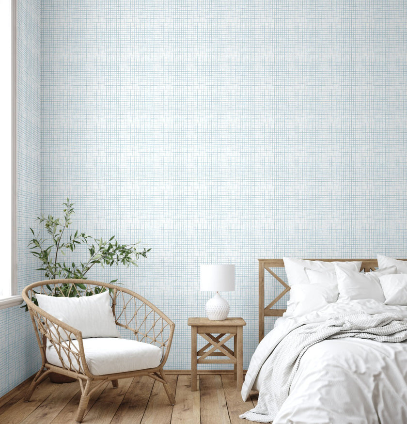 GW0061 Hand Painted Grid Peel and Stick Wallpaper Roll 19 inch Wide x 18 ft. Long, Light Blue White
