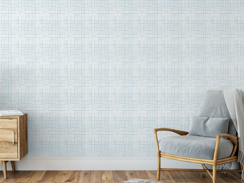 GW0061 Hand Painted Grid Peel and Stick Wallpaper Roll 19 inch Wide x 18 ft. Long, Light Blue White
