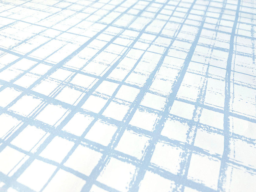 GW0061 Hand Painted Grid Peel and Stick Wallpaper Roll 19 inch Wide x 18 ft. Long, Light Blue White