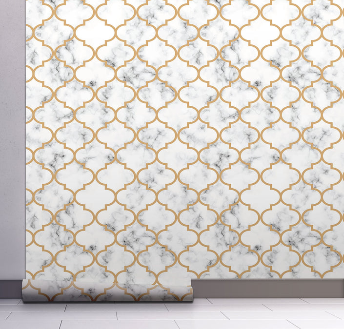 GW0071 Moroccan Marble Peel and Stick Wallpaper Roll 19 inch Wide x 18 ft. Long Gold White Gray