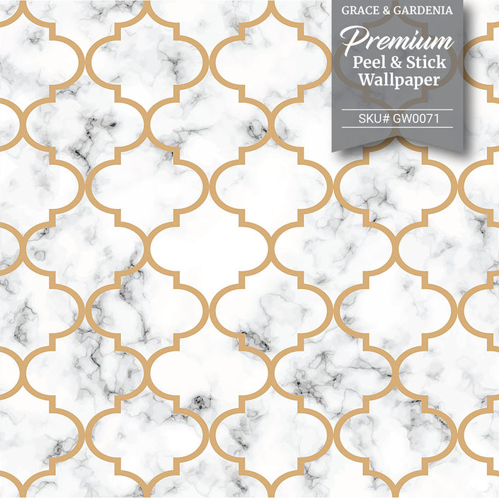 GW0071 Moroccan Marble Peel and Stick Wallpaper Roll 19 inch Wide x 18 ft. Long Gold White Gray