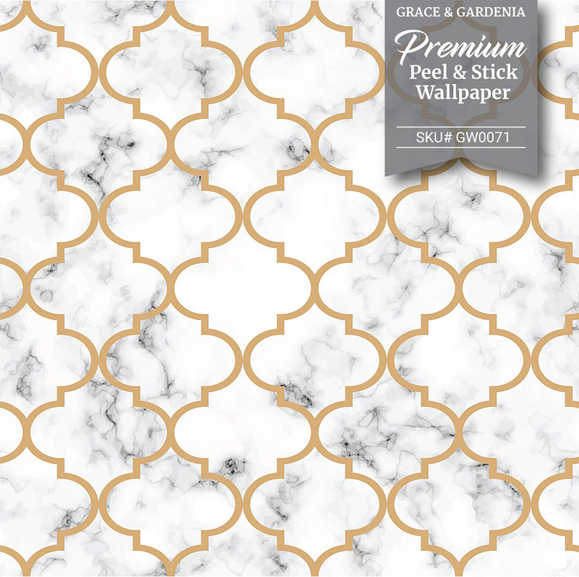 GW0071 Moroccan Marble Peel and Stick Wallpaper Roll 19 inch Wide x 18 ft. Long Gold White Gray