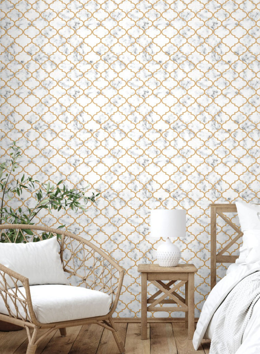 GW0071 Moroccan Marble Peel and Stick Wallpaper Roll 19 inch Wide x 18 ft. Long Gold White Gray