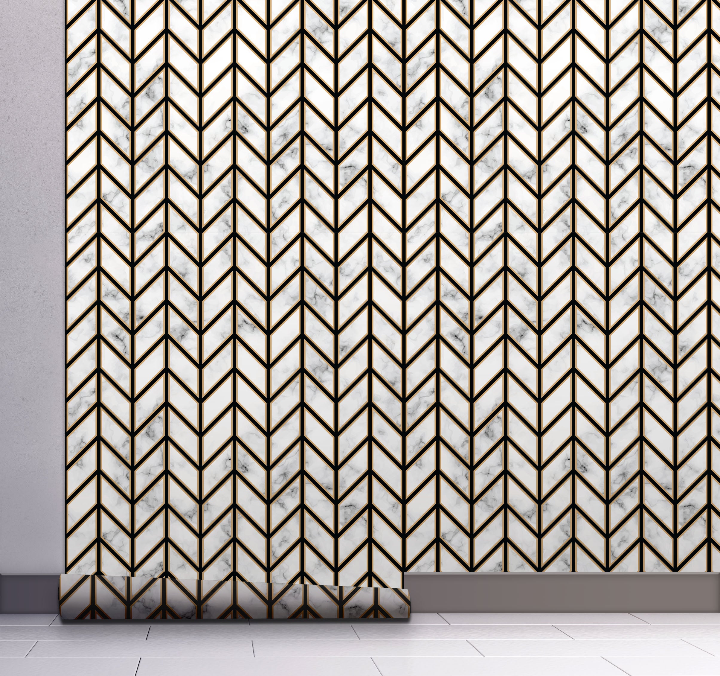 GW0091 Marble Herringbone Peel and Stick Wallpaper Roll 20.5 inch Wide x 18 ft. Long, Black/Gold