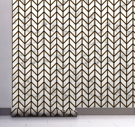 GW0091 Marble Herringbone Peel and Stick Wallpaper Roll 19 inch Wide x 18 ft. Long, Black Gold