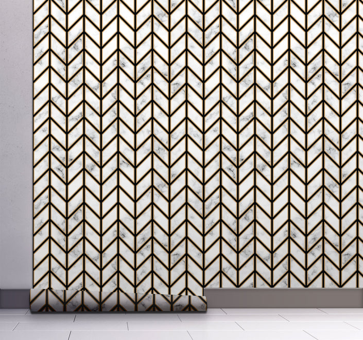 GW0091 Marble Herringbone Peel and Stick Wallpaper Roll 19 inch Wide x 18 ft. Long, Black Gold