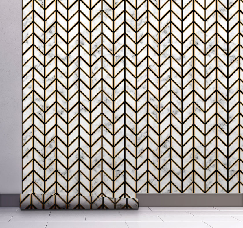 GW0091 Marble Herringbone Peel and Stick Wallpaper Roll 19 inch Wide x 18 ft. Long, Black Gold