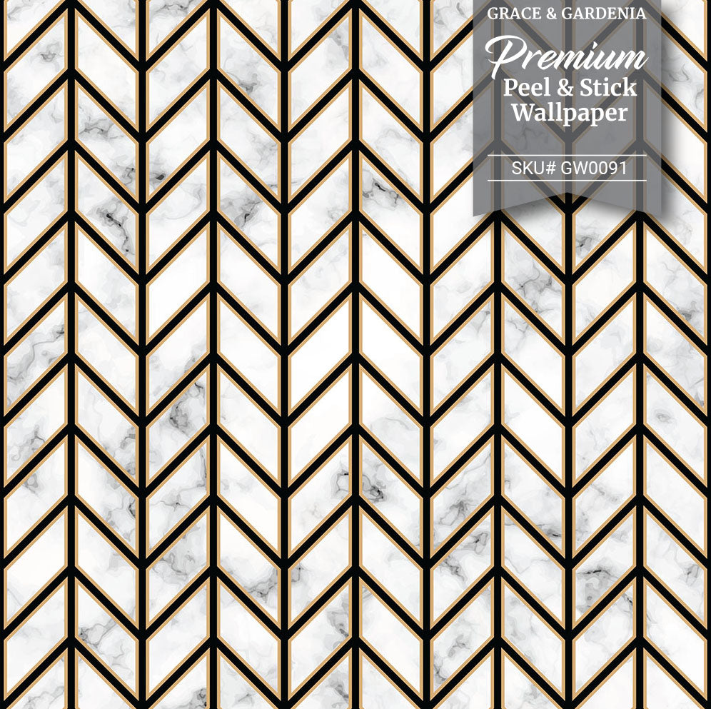 GW0091 Marble Herringbone Peel and Stick Wallpaper Roll 20.5 inch Wide x 18 ft. Long, Black/Gold