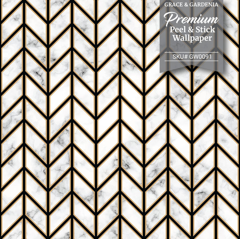 GW0091 Marble Herringbone Peel and Stick Wallpaper Roll 19 inch Wide x 18 ft. Long, Black Gold