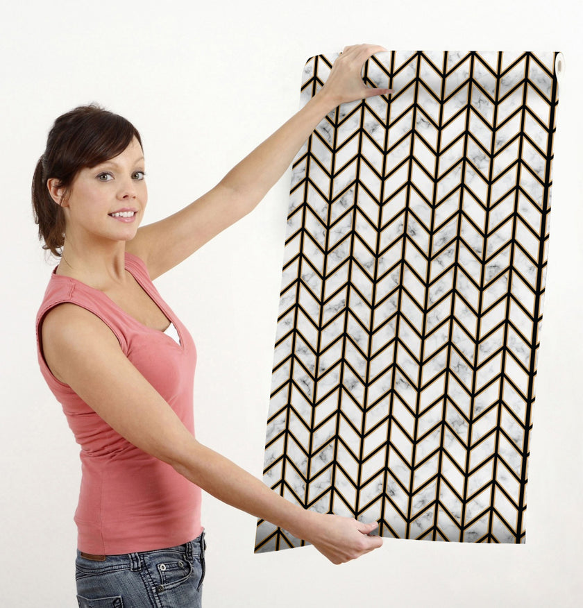 GW0091 Marble Herringbone Peel and Stick Wallpaper Roll 19 inch Wide x 18 ft. Long, Black Gold