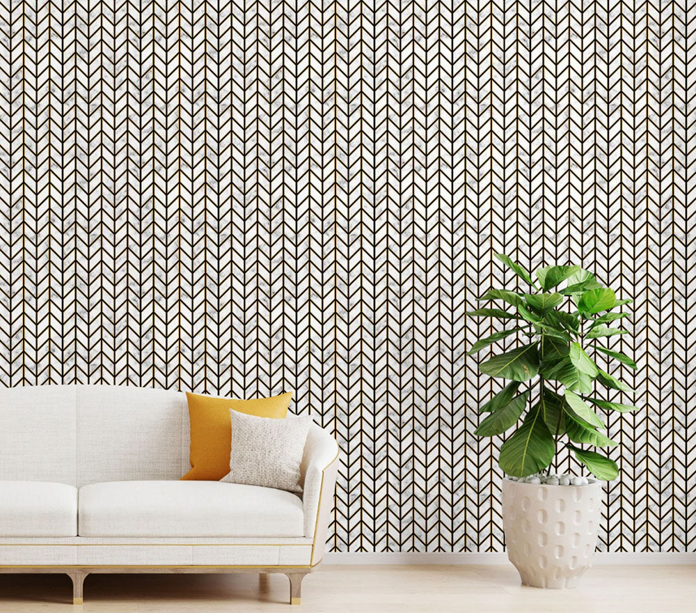 GW0091 Marble Herringbone Peel and Stick Wallpaper Roll 20.5 inch Wide x 18 ft. Long, Black/Gold