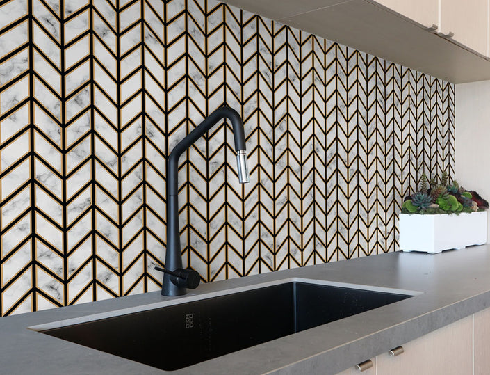 GW0091 Marble Herringbone Peel and Stick Wallpaper Roll 19 inch Wide x 18 ft. Long, Black Gold