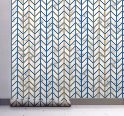 GW0092 Marble Herringbone Peel and Stick Wallpaper Roll 19 inch Wide x 18 ft. Long, Blue Gold