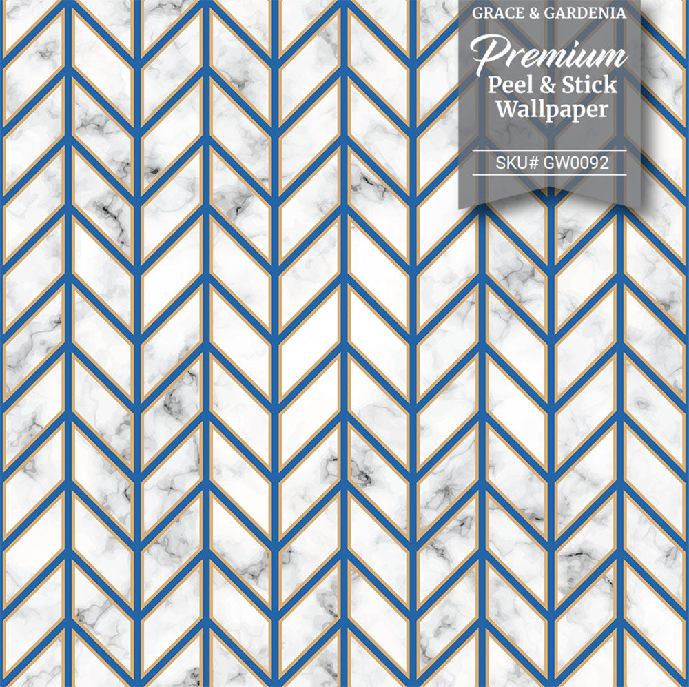 GW0092 Marble Herringbone Peel and Stick Wallpaper Roll 20.5 inch Wide x 18 ft. Long, Blue/Gold