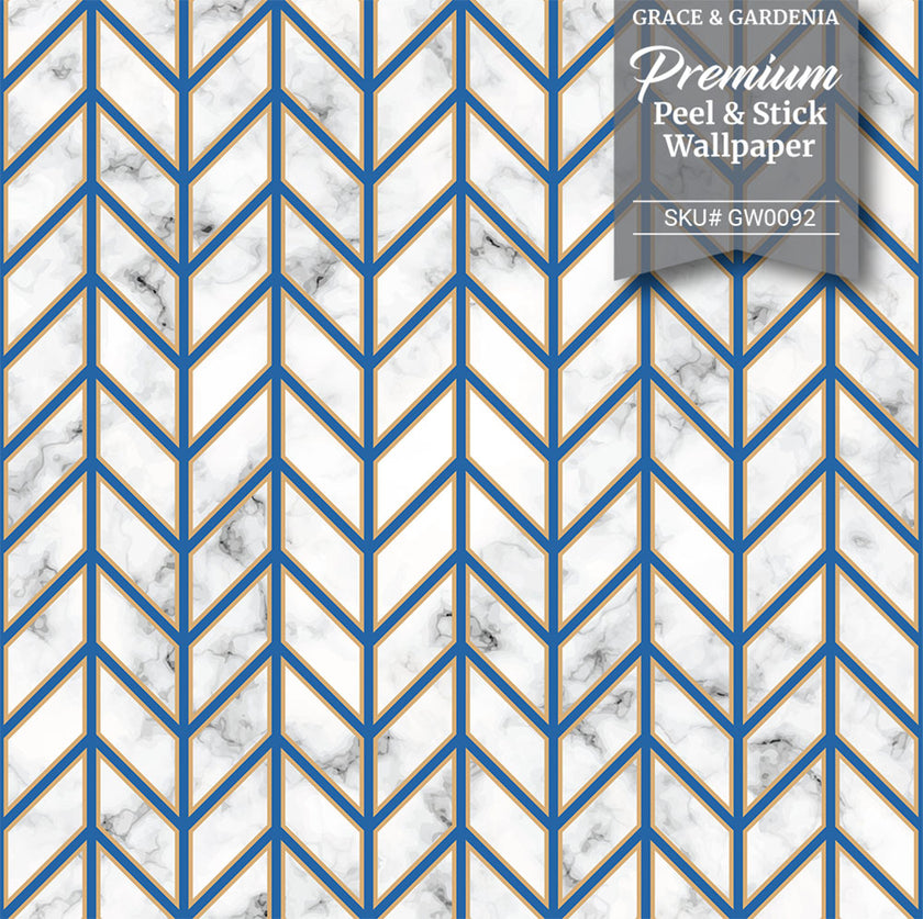 GW0092 Marble Herringbone Peel and Stick Wallpaper Roll 19 inch Wide x 18 ft. Long, Blue Gold