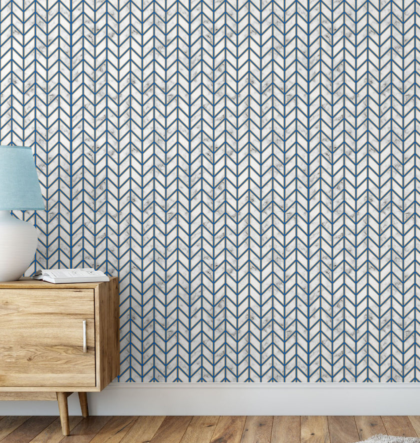 GW0092 Marble Herringbone Peel and Stick Wallpaper Roll 19 inch Wide x 18 ft. Long, Blue Gold