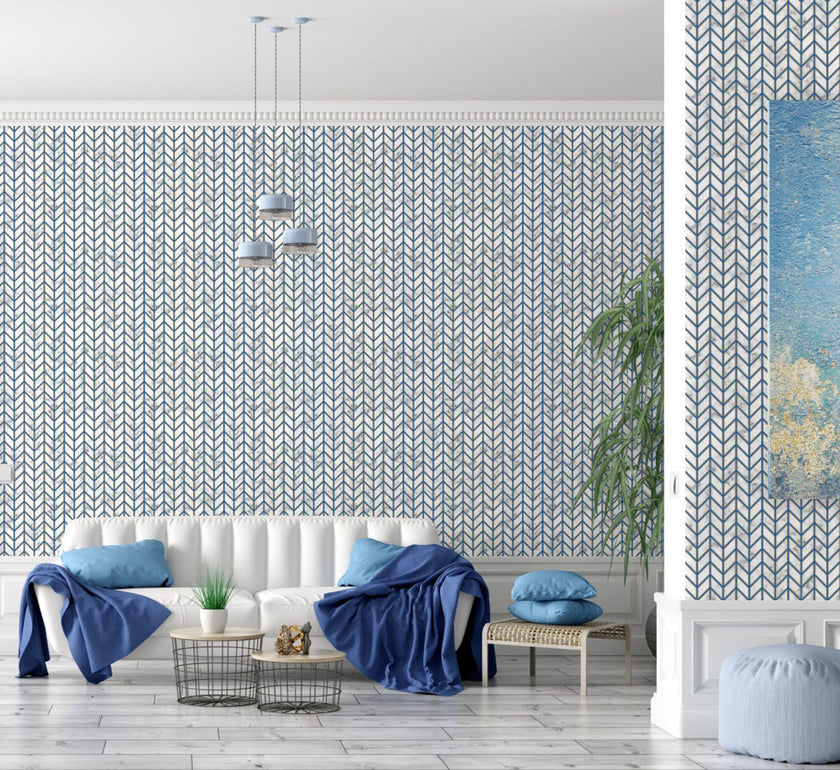 GW0092 Marble Herringbone Peel and Stick Wallpaper Roll 19 inch Wide x 18 ft. Long, Blue Gold