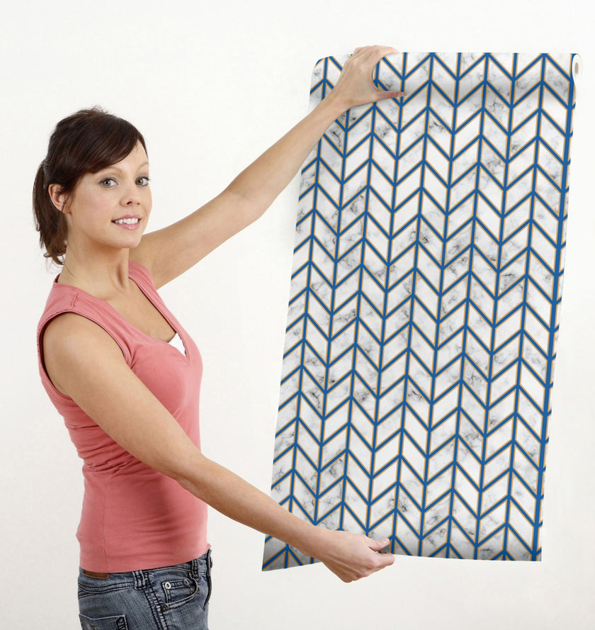 GW0092 Marble Herringbone Peel and Stick Wallpaper Roll 19 inch Wide x 18 ft. Long, Blue Gold