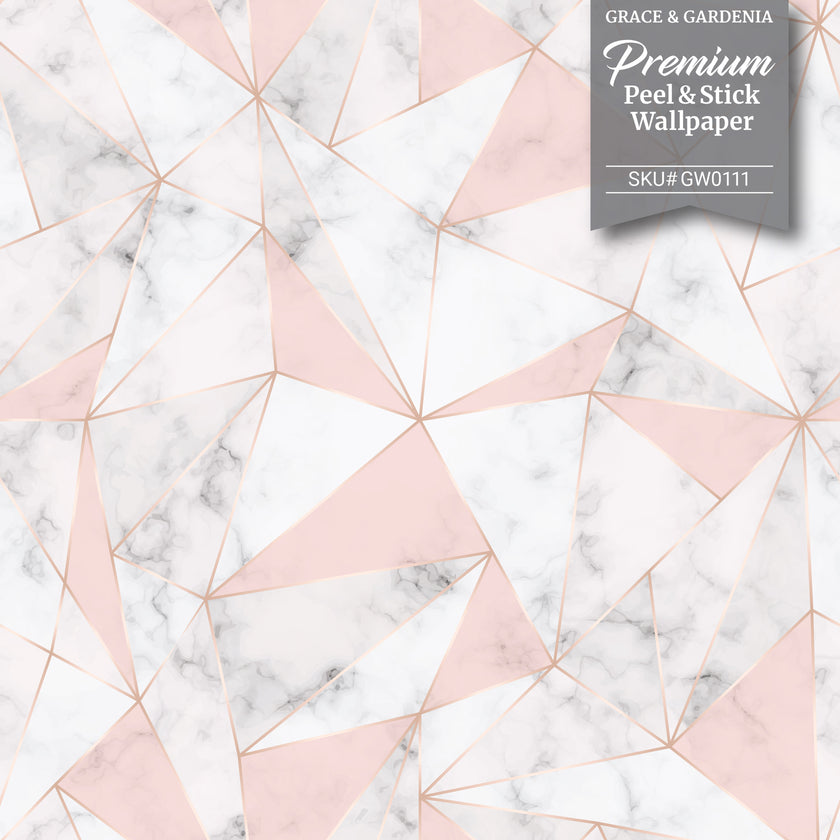 GW0111 Triangles on Marble Peel and Stick Wallpaper Roll 19 inch Wide x 18 ft. Long, Pink