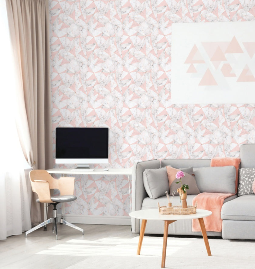 GW0111 Triangles on Marble Peel and Stick Wallpaper Roll 19 inch Wide x 18 ft. Long, Pink