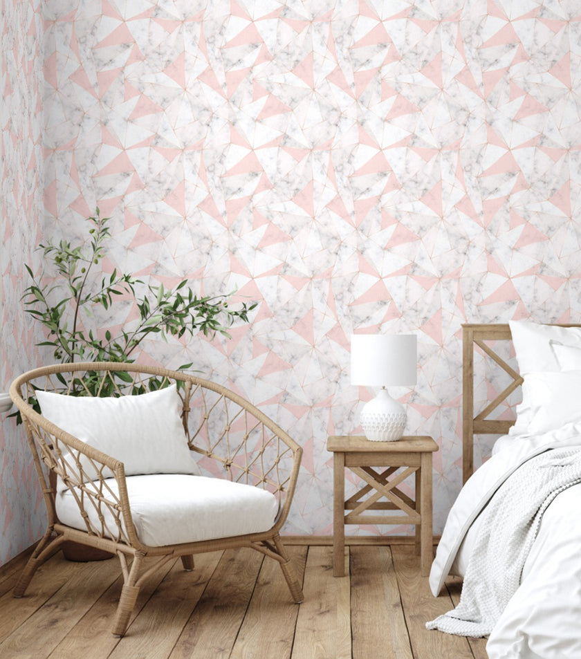 GW0111 Triangles on Marble Peel and Stick Wallpaper Roll 19 inch Wide x 18 ft. Long, Pink
