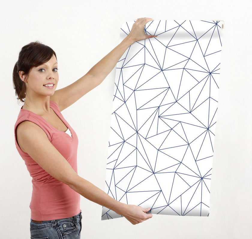 GW0161 Geometric Abstract Lines Peel and Stick Wallpaper Roll 19 inch Wide x 18 ft. Long Blue White