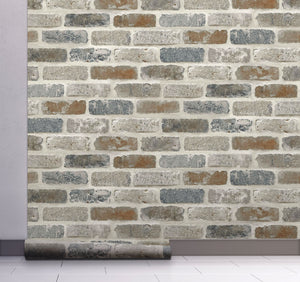 GW1003 Washed Faux Brick Peel and Stick Wallpaper Roll 19 inch  x 18 ft. Long Off White Gray Brown