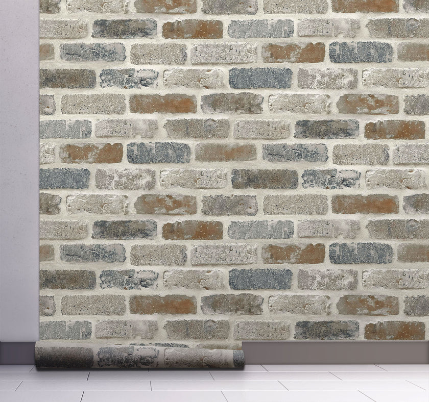 GW1003 Washed Faux Brick Peel and Stick Wallpaper Roll 19 inch  x 18 ft. Long Off White Gray Brown