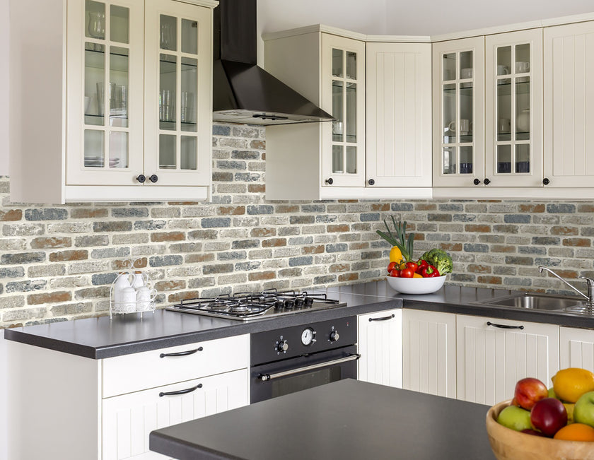 GW1003 Washed Faux Brick Peel and Stick Wallpaper Roll 19 inch  x 18 ft. Long Off White Gray Brown