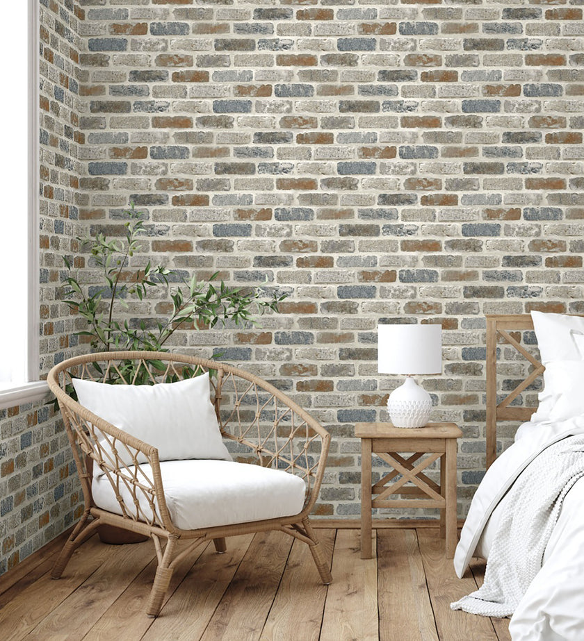 GW1003 Washed Faux Brick Peel and Stick Wallpaper Roll 19 inch  x 18 ft. Long Off White Gray Brown