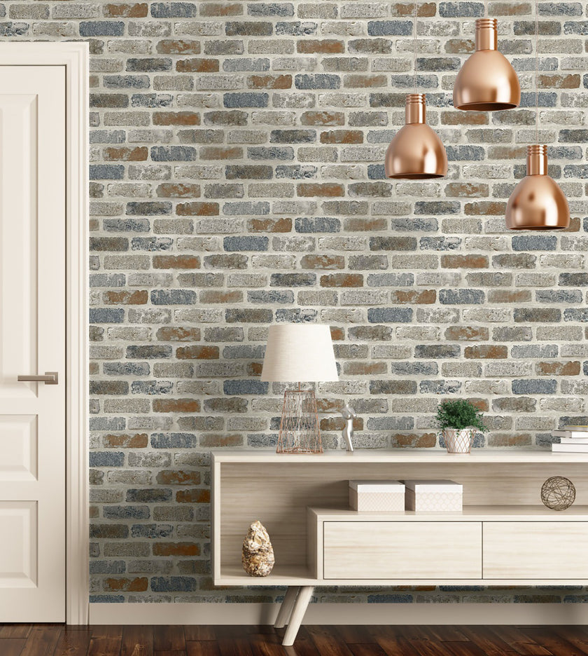 GW1003 Washed Faux Brick Peel and Stick Wallpaper Roll 19 inch  x 18 ft. Long Off White Gray Brown