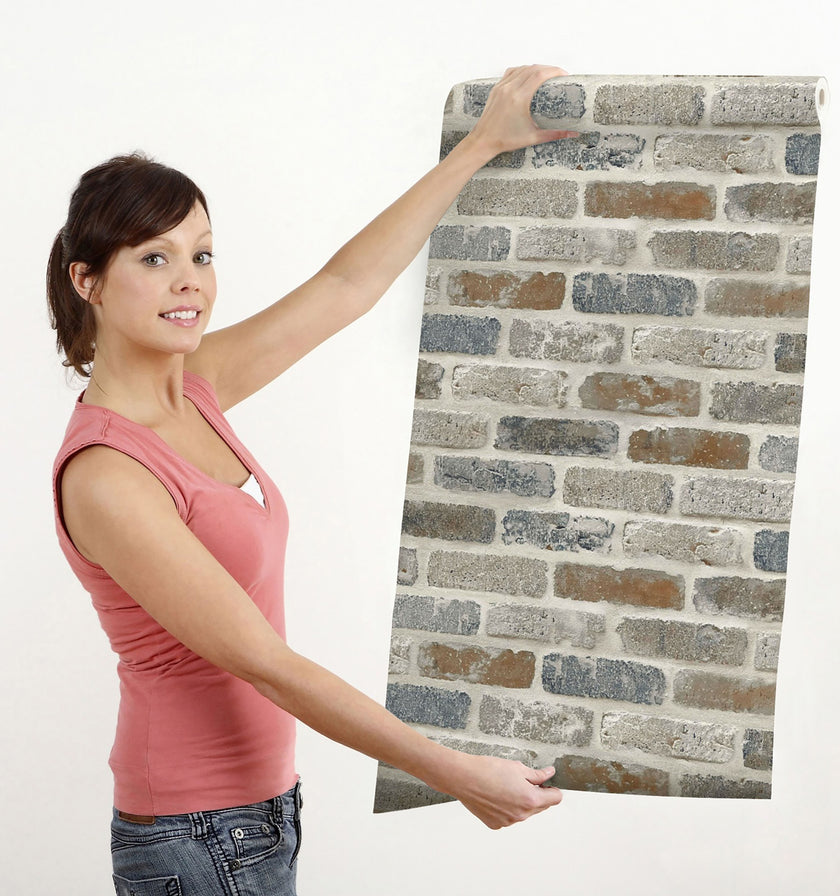 GW1003 Washed Faux Brick Peel and Stick Wallpaper Roll 19 inch  x 18 ft. Long Off White Gray Brown