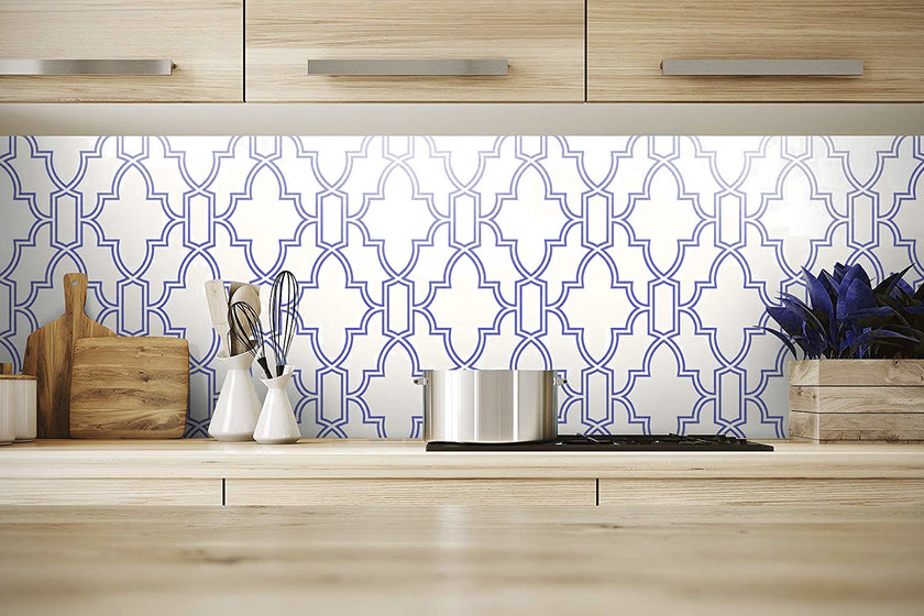 GW1005 Tile Trellis Peel & Stick Wallpaper Roll 19 in Wide x 18 ft. Long White Blue