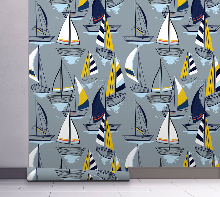 GW1021 Sailboats at Sunset Peel and Stick Wallpaper Roll 19 inch Wide x 18 ft. Long Gray Navy Yellow