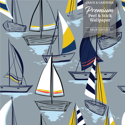 GW1021 Sailboats at Sunset Peel and Stick Wallpaper Roll 19 inch Wide x 18 ft. Long Gray Navy Yellow