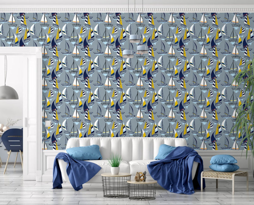 GW1021 Sailboats at Sunset Peel and Stick Wallpaper Roll 19 inch Wide x 18 ft. Long Gray Navy Yellow