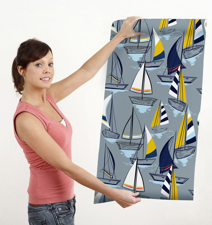 GW1021 Sailboats at Sunset Peel and Stick Wallpaper Roll 19 inch Wide x 18 ft. Long Gray Navy Yellow