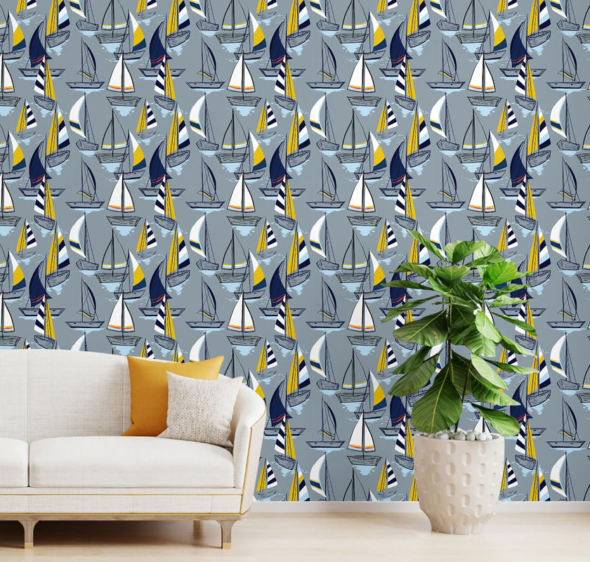 GW1021 Sailboats at Sunset Peel and Stick Wallpaper Roll 19 inch Wide x 18 ft. Long Gray Navy Yellow